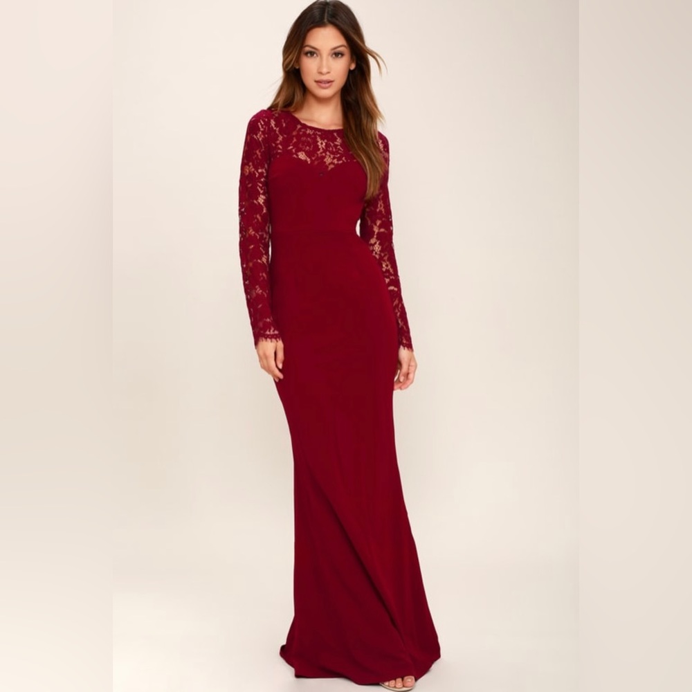 LULUS “Whenever You Call” Wine Red Lace Maxi Deess